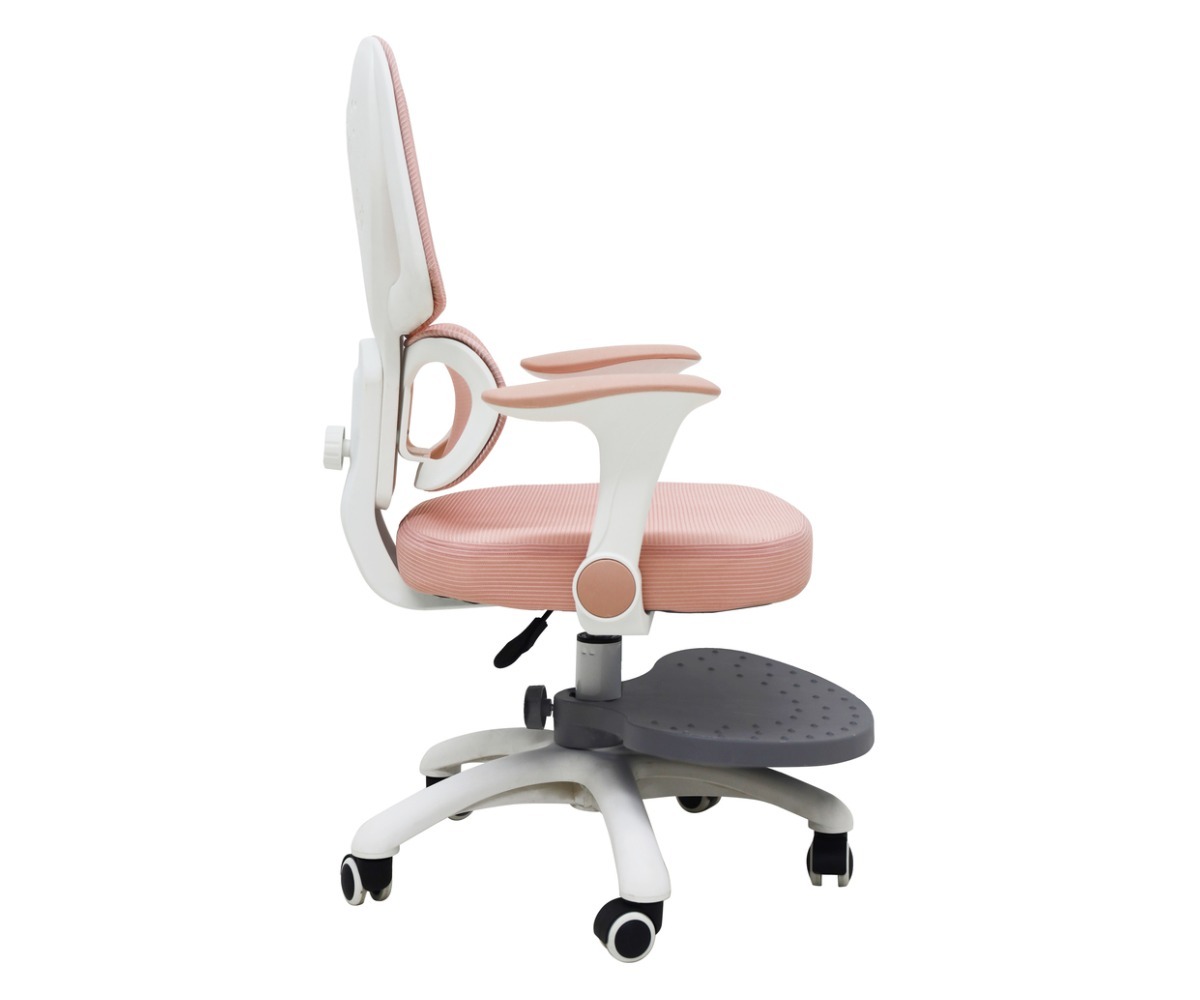 Külgvaade ergonoomilisest lastetoolist jalatoega, reguleeritav, roosa värv.