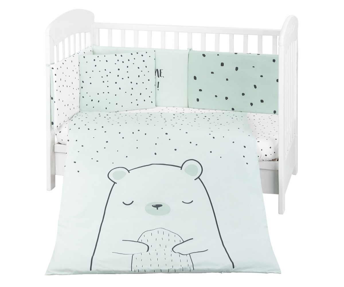Beebivoodi voodipesukomplekt 70×140cm – mint 6-osaline koos karu motiiviga ja pehme padjaga