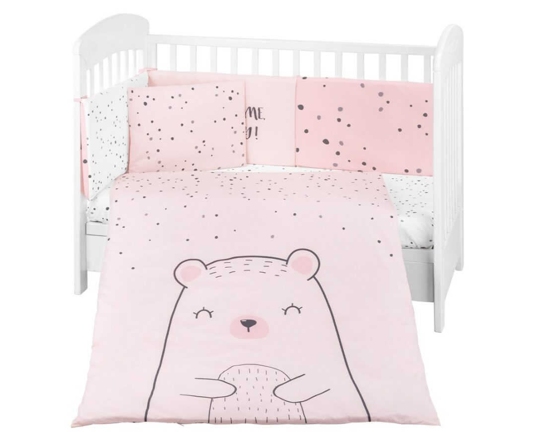 Beebivoodi voodipesukomplekt 70×140cm – roosa 6-osaline voodipesu koos karu kujutisega