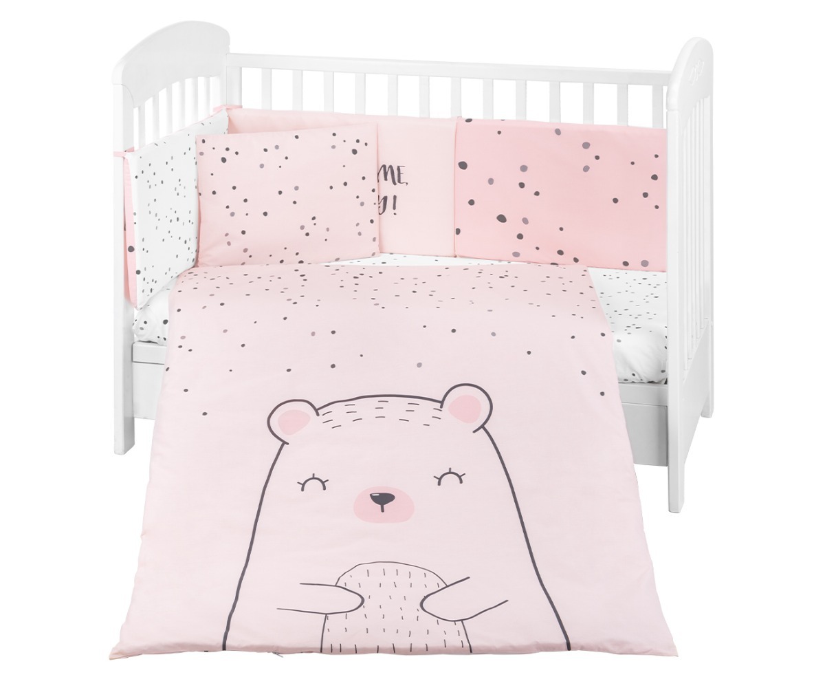 Beebivoodi voodipesukomplekt 70×140cm – roosa 6-osaline voodipesu koos karu kujutisega