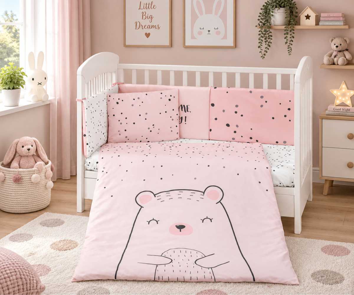 Beebivoodi voodipesukomplekt 70×140cm – roosa 6-osaline voodipesu dekoratiivsete elementidega