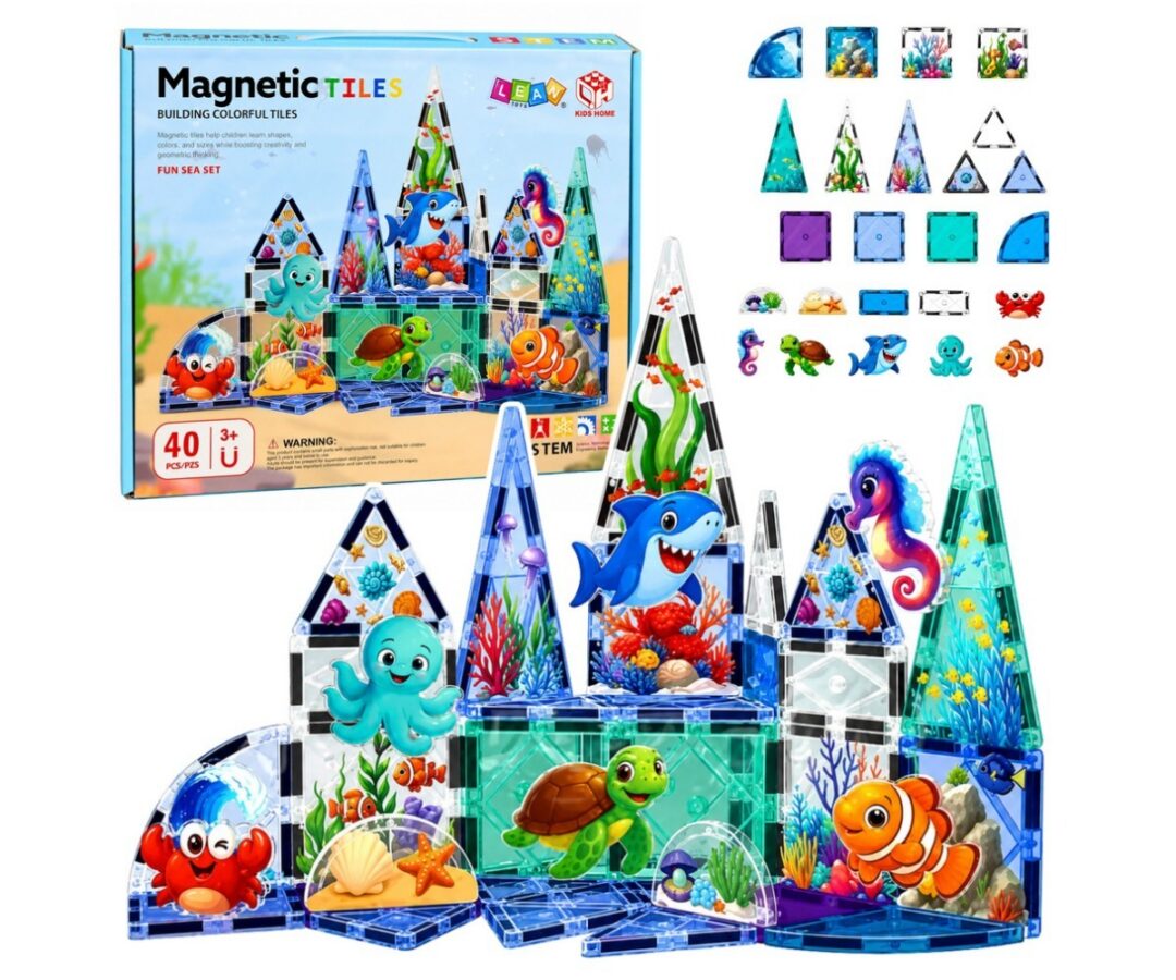 Mereloomade magnetklotsid 40-osaline komplekt, mis sisaldab kauneid mereelukate figuure.