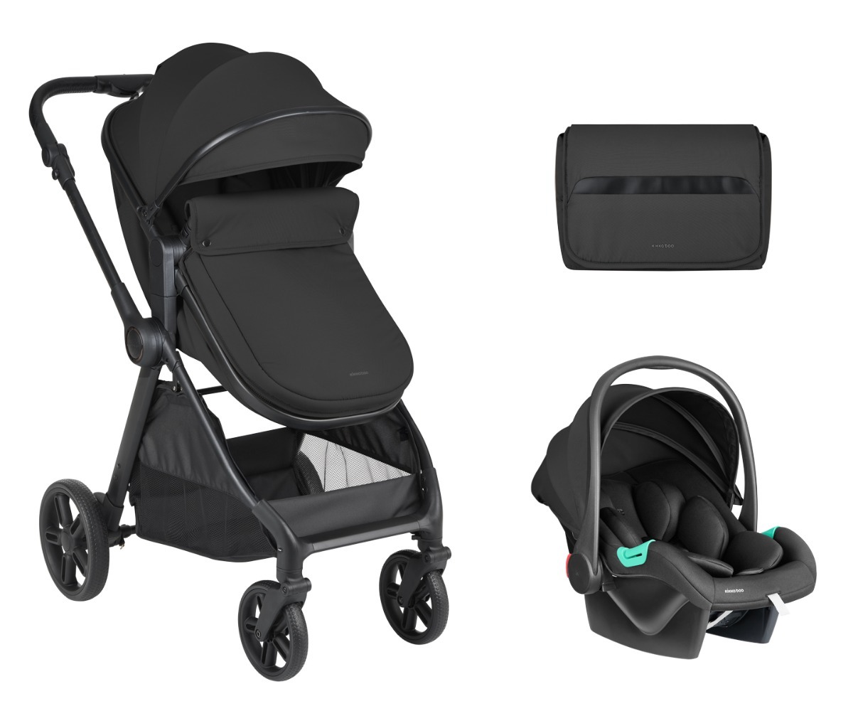 Vankrikomplekt Eloe Black 3in1 koos muudetava istme ja i-Size turvahälliga, musta värvi disainiga.