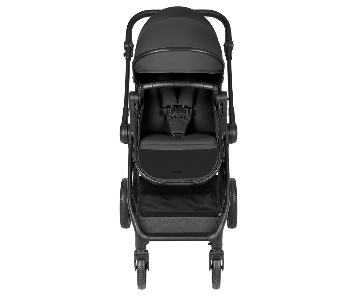 Vankrikomplekt Eloe Black 3in1 – muudetava istme ja i-Size turvahälliga ülemine vaade, kus on näha istmekate ja turvahälli kinnitused.