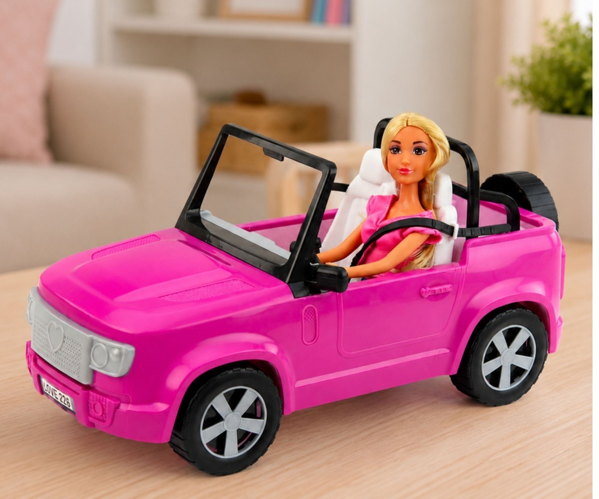 Anlily nukk lilla autoga roosa sportauto juures, 30 cm pikkune.