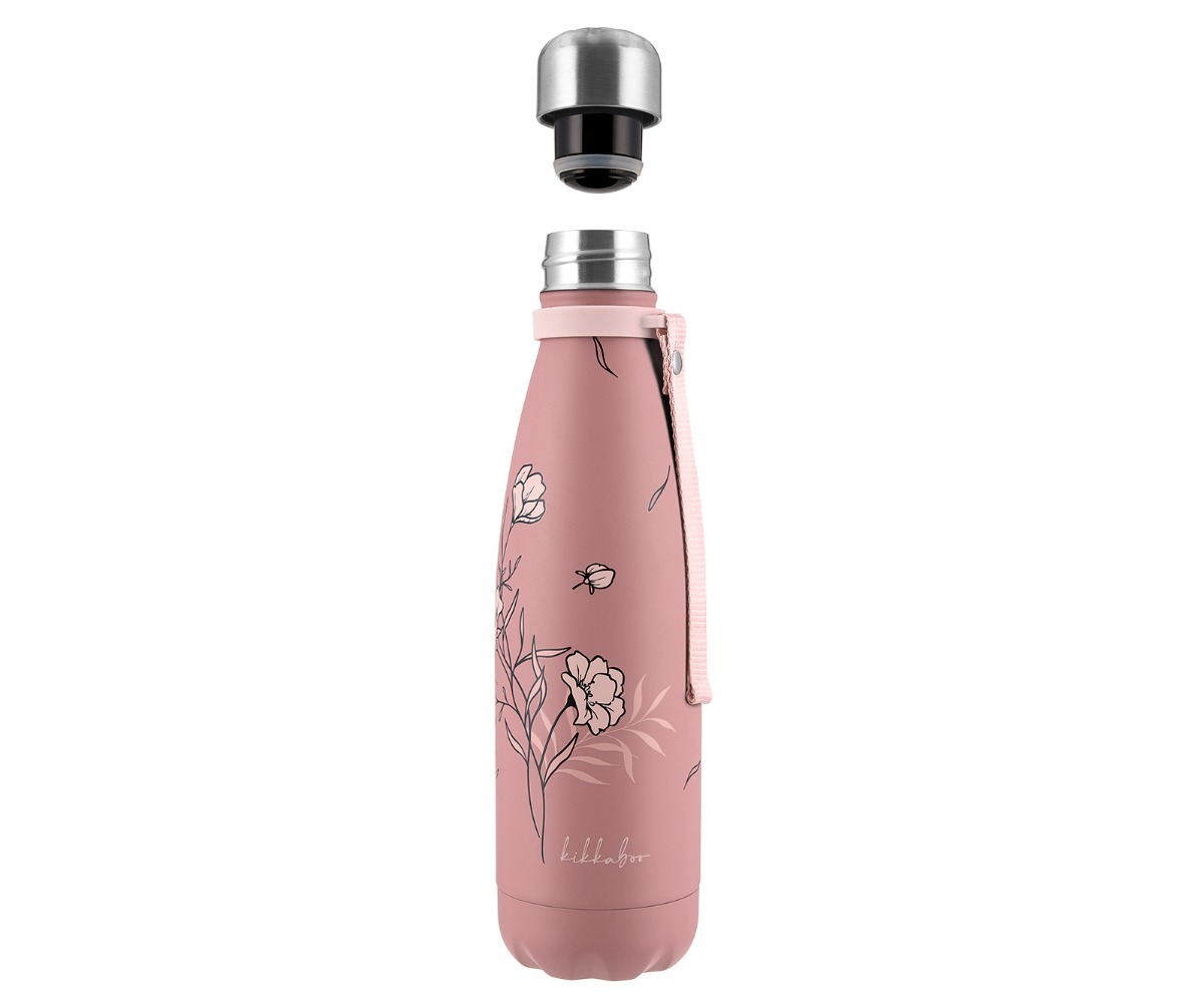 Termospudel Flora 500ml - roosa, avatud kaanel, näitab pudeli praktikat ja funktsionaalsust.