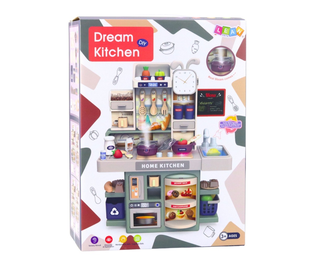 Dream Kitchen pakend, mis tutvustab laste mängukööki valguse ja auruefektiga.