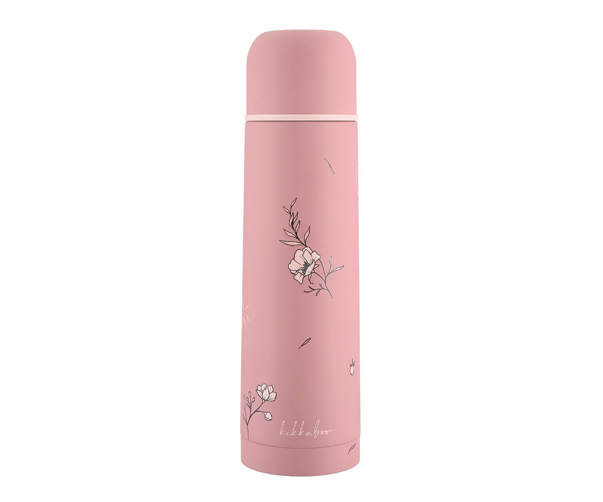 Roosa termos joogitopsiga Flora 500ml, lilledega kaunistatud, ideaalne igapäevaseks kasutamiseks.