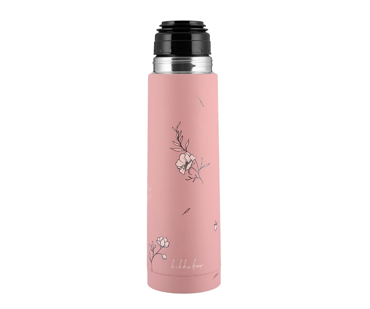 Roosa termos joogitopsiga Flora 500ml, musta kinnise osaga, praktiline ja stiilne joogitalletaja.
