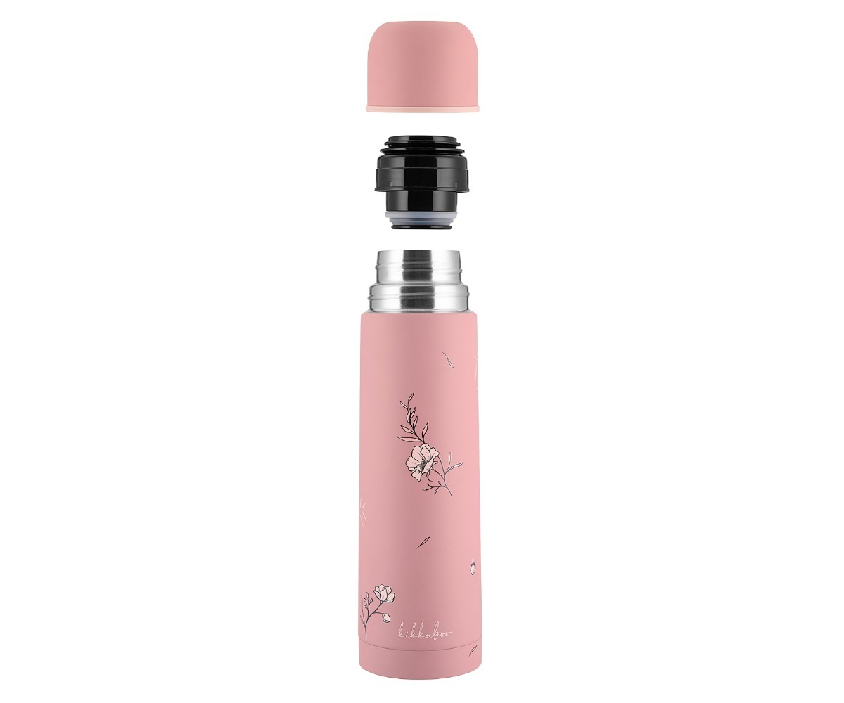 Termos joogitopsiga Flora 500ml - roosa, avatud ja suletud kujul, ideaalne jookide kaasavõtmiseks.
