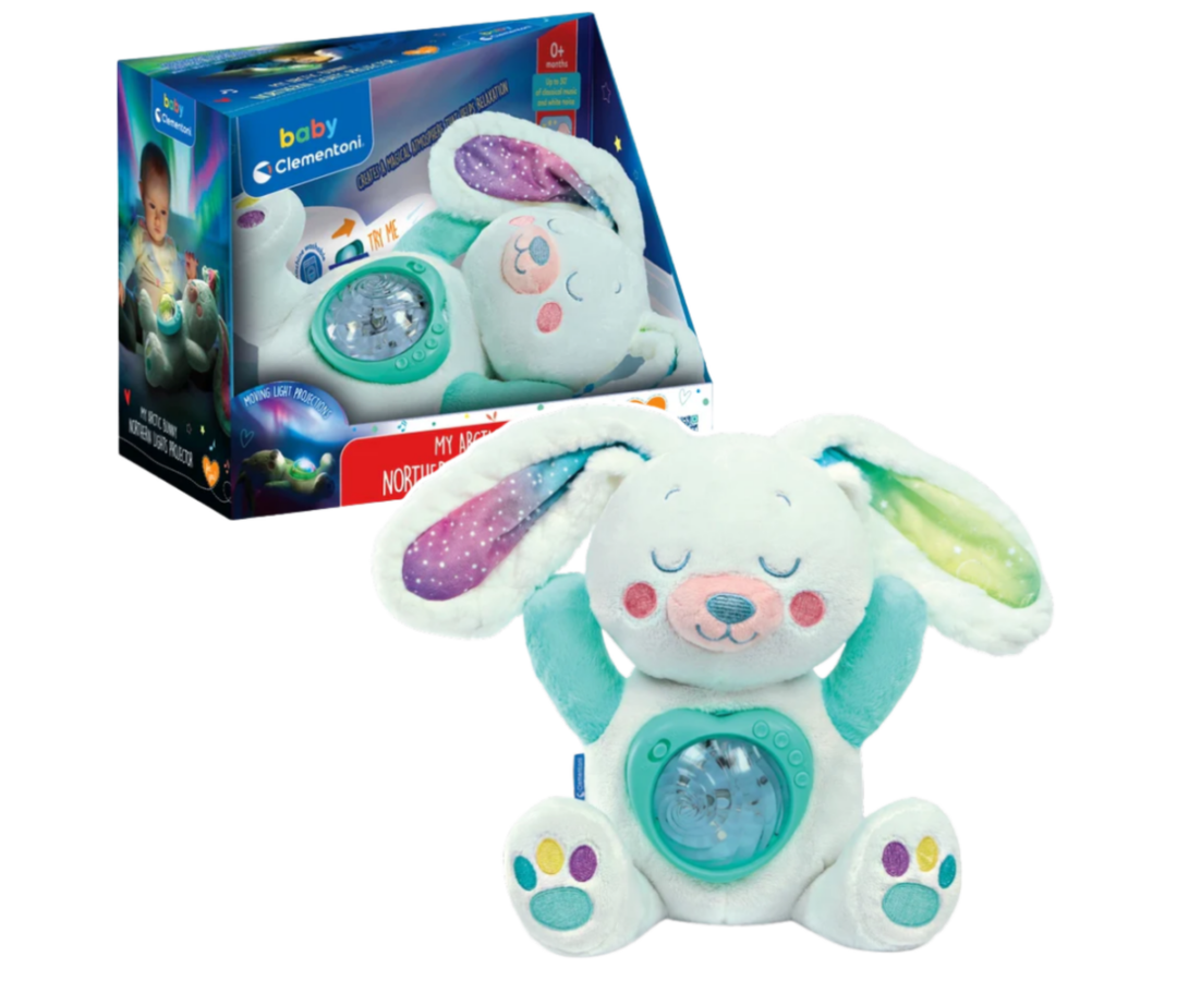 Projektoriga pehme jänku Clementoni Arctic Bunny pakendis, täis värvilisi tähti ja kuu motiive.