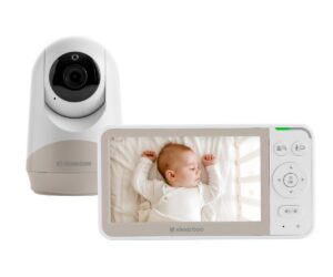 Videoga beebimonitor Rhen Beige 5-tollise ekraaniga, näidates magavat beebit voodis