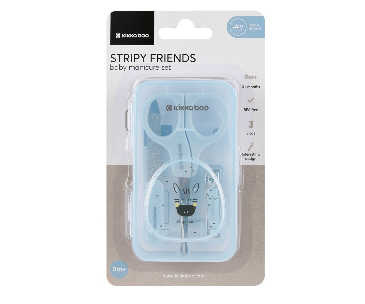 Beebi maniküürikomplekt Stripy Friends – 3-osaline pakend, mis sisaldab 3 tükki, BPA-vaba ja huvitava disainiga.