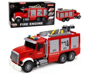 Punane tuletõrjeauto redeli ja veefunktsiooniga, pakendatud ja valmis kasutamiseks