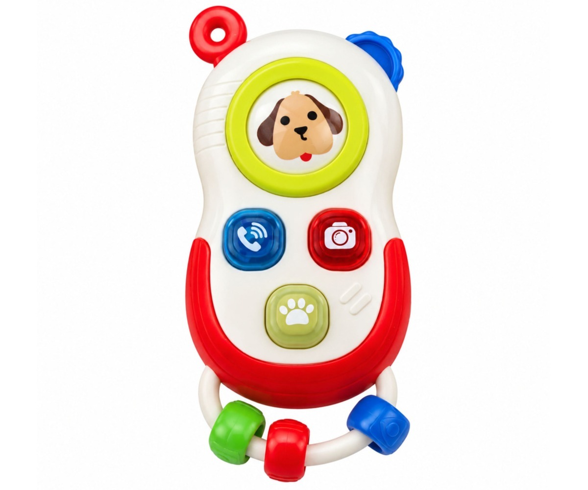 Interaktiivne telefon lastele valguse ja heliga lähedalt, näidates selle värvilisi nuppe ja koera pilti.