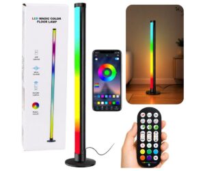 RGB LED nurgalamp puldi ja äpiga 90cm, koos pakendi ja rakendust juhtiva nutitelefoni pildiga.