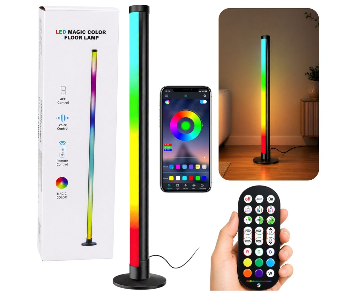 RGB LED nurgalamp puldi ja äpiga 90cm, koos pakendi ja rakendust juhtiva nutitelefoni pildiga.