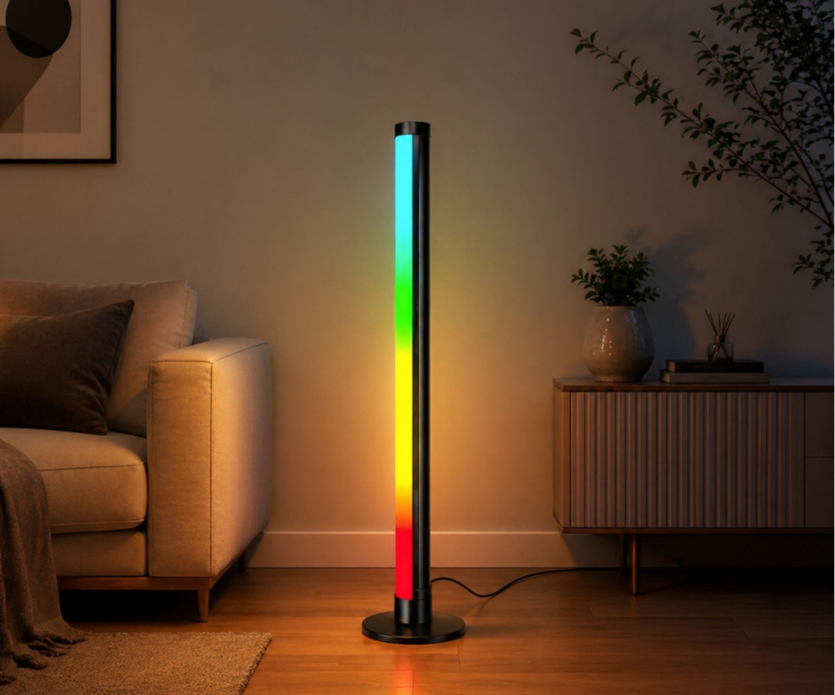 RGB LED nurgalamp puldi ja äpiga 90cm, valgustades mugavat eluruumi.