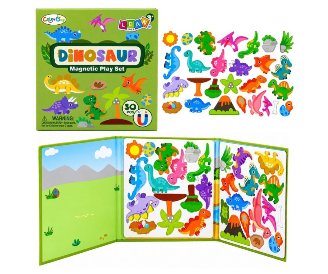 Dinosauruste magnetraamat 30 magnetiga, avatud lehed koos erinevate dinosaurustega.