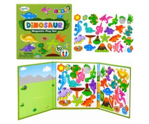 Dinosauruste magnetraamat 30 magnetiga, avatud lehed koos erinevate dinosaurustega.