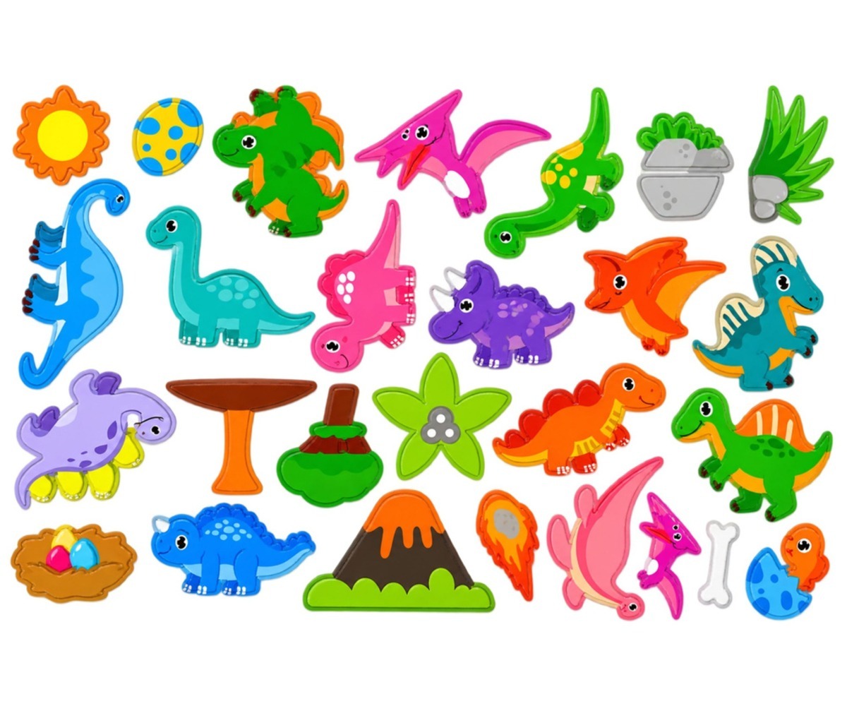 Dinosauruste magnetraamat 30 magnetiga, erinevad värvilised dinoaurused ja mänguelemendid