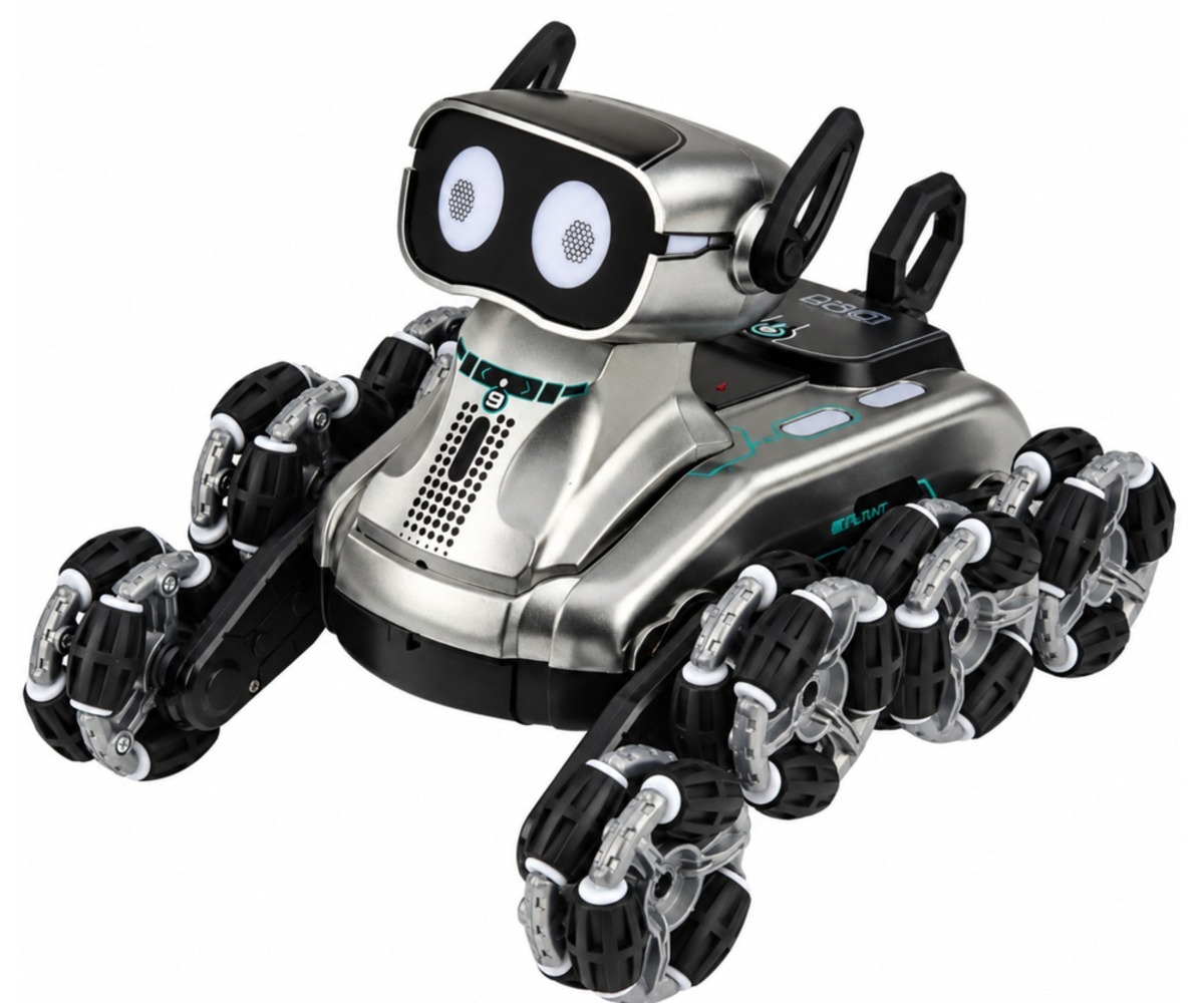 Lähedane vaade puldiga juhitavale robotkoerale 8 rattaga. Tootel on nutikas disain ja liikumisvõime.