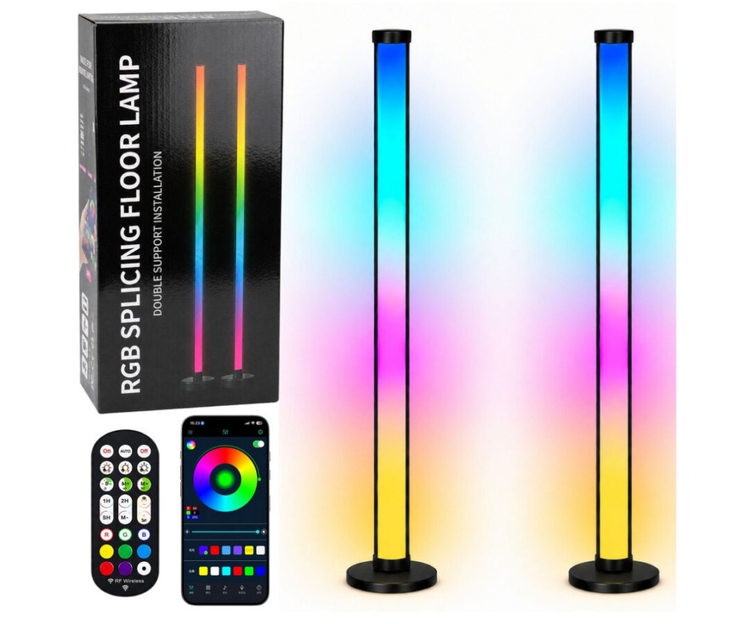 RGB LED põrandalampide komplekt puldi ja äpiga, esitleb kahte värvilist põrandalampi koos puldi ja rakendusega.