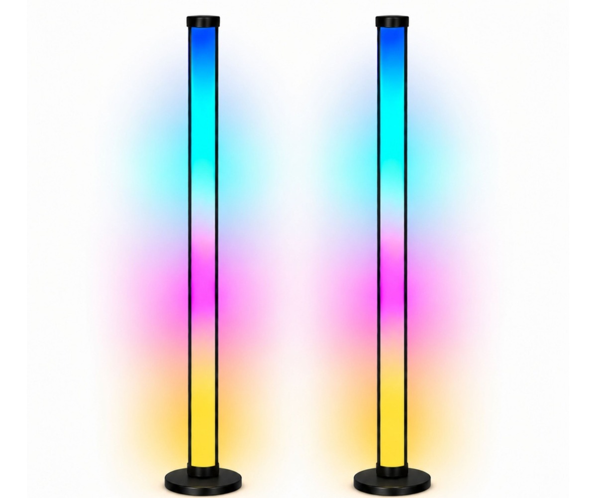 RGB LED põrandalampide komplekt puldi ja äpiga, näidates kaht elegantset lampi, mis kiirgavad värvilist valgust.