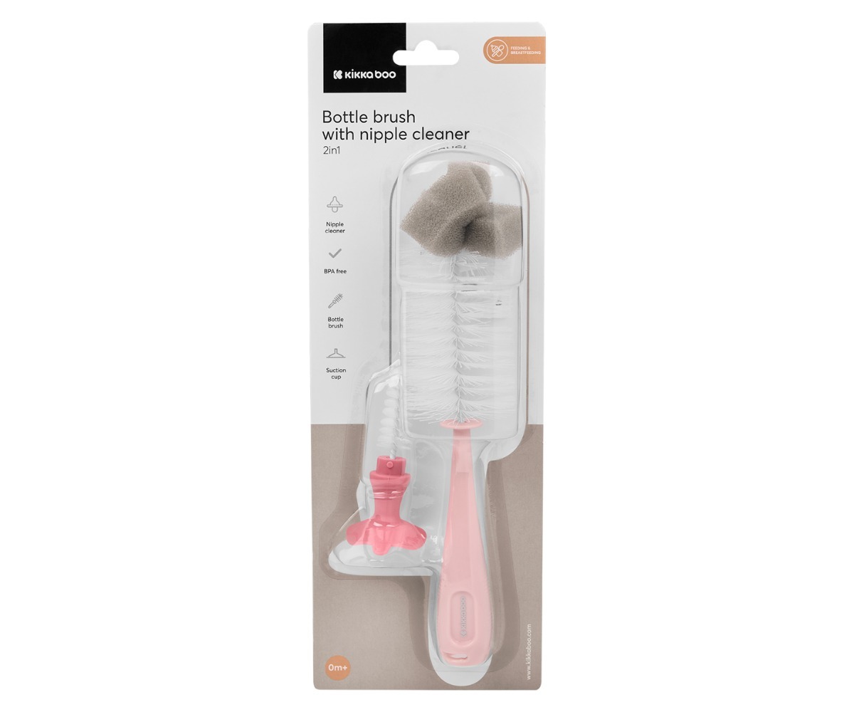 Pudelihari lutipuhastajaga 2in1 – roosa produkt pingereas, kaasa arvatud nipple cleaner ja imemisepurgi alus.