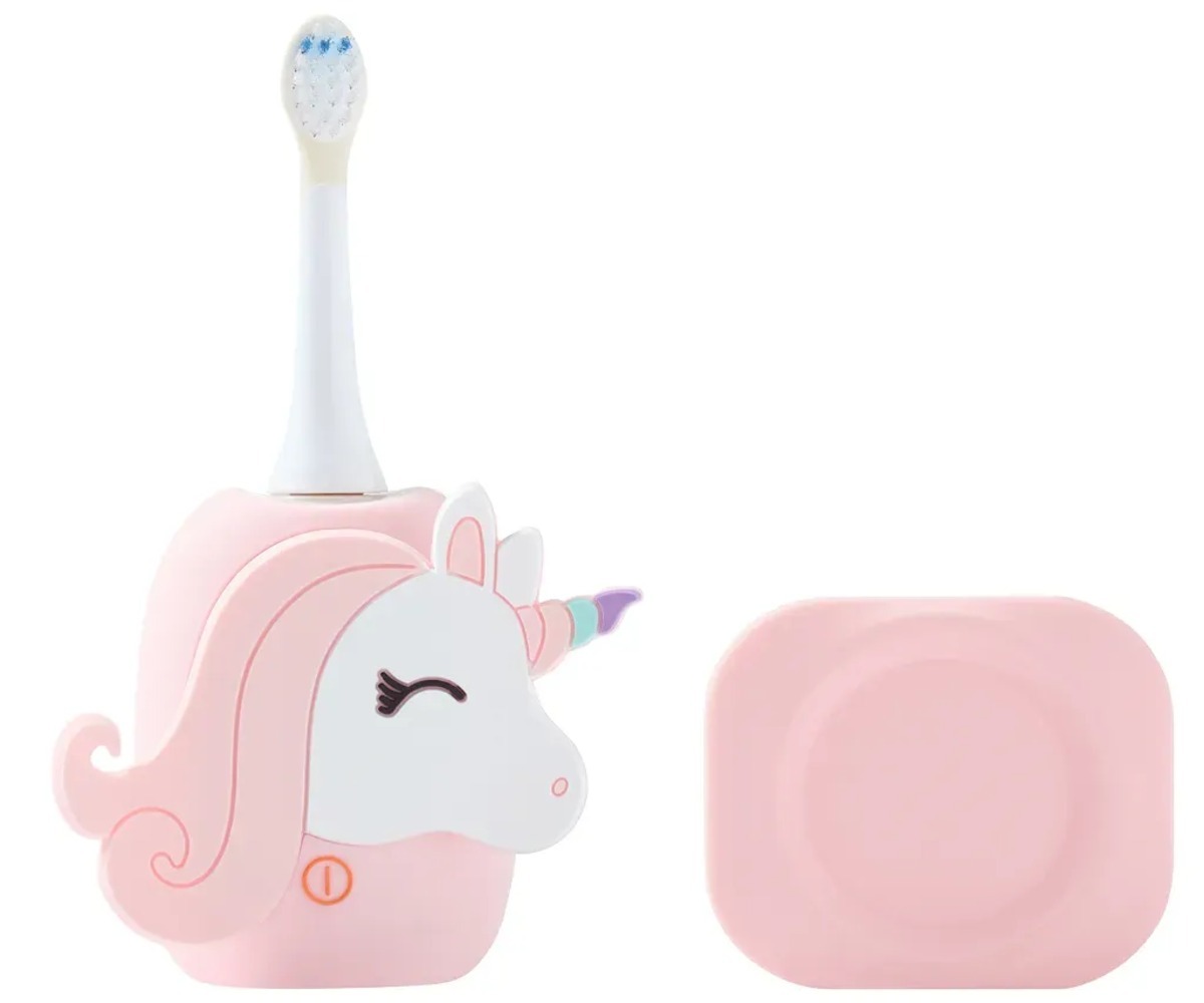Külgvaade Sonic elektrilisest hambaharjast Zoofamily lastele 3–10a - Unicorn, roosa ja valge disain