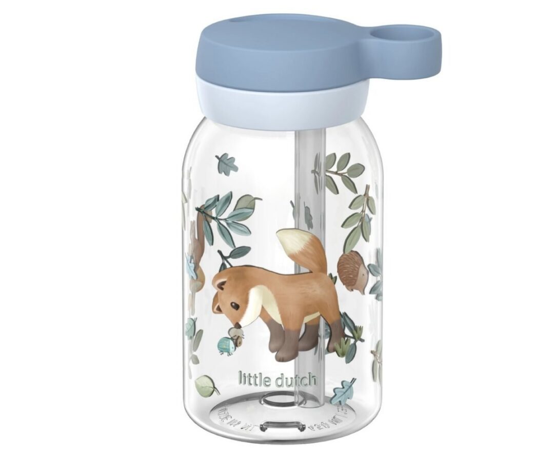 Joogipudel kõrrega Forest Friends 450ml - Little Dutch, ilusa karu ja roheliste lehtede disainiga.