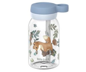 Joogipudel kõrrega Forest Friends 450ml - Little Dutch, ilusa karu ja roheliste lehtede disainiga.