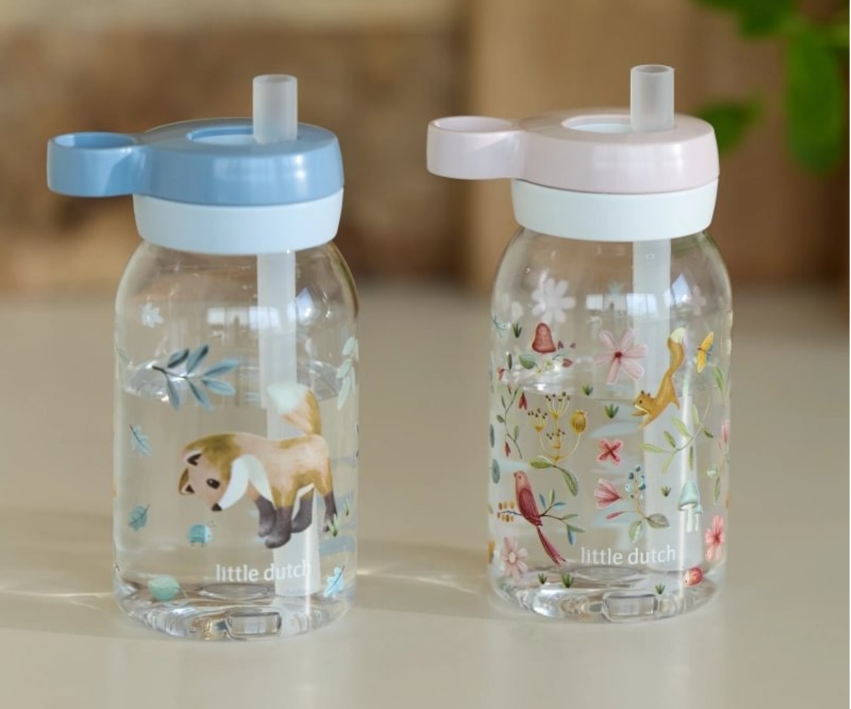 Joogipudel kõrrega Forest Friends 450ml - Little Dutch, sinine ja roosa pudel koos kaunite lillede ning loomadega.
