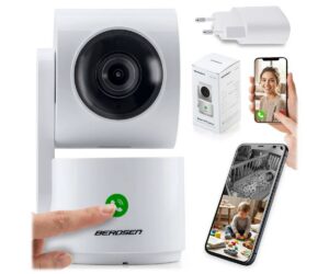 WiFi beebimonitor kaameraga Berdsen BD-942 3MP - valge, kasutaja nuppude ja telefoni vaates.