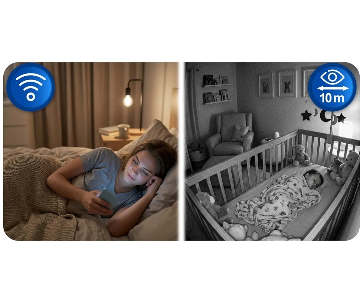 Öövaade WiFi beebimonitor kaameraga Berdsen BD-942 3MP - valge ja unev beebi.