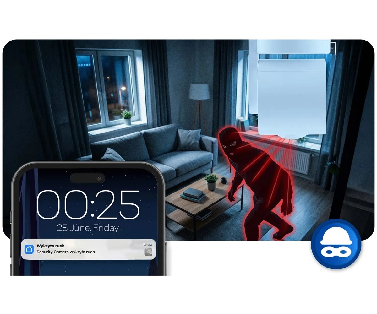 WiFi beebimonitor kaameraga Berdsen BD-942 3MP – valge, mis kuvab turvakaamera häireid.