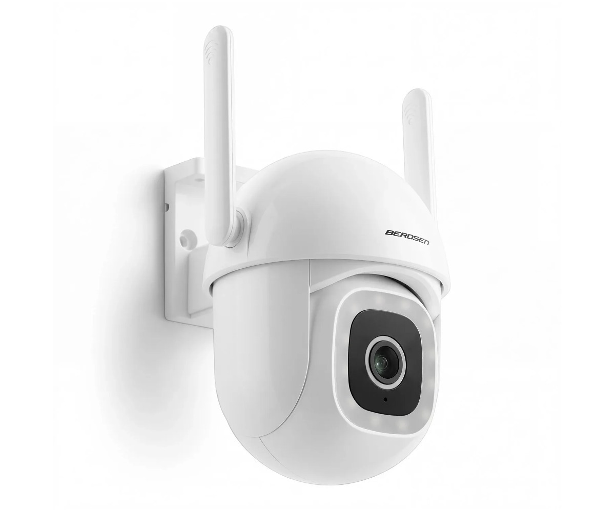 WiFi turvakaamera välitingimustesse 5MP Berdsen BD-943 külgvaates, näitab kaamera paigaldust ja antenne.