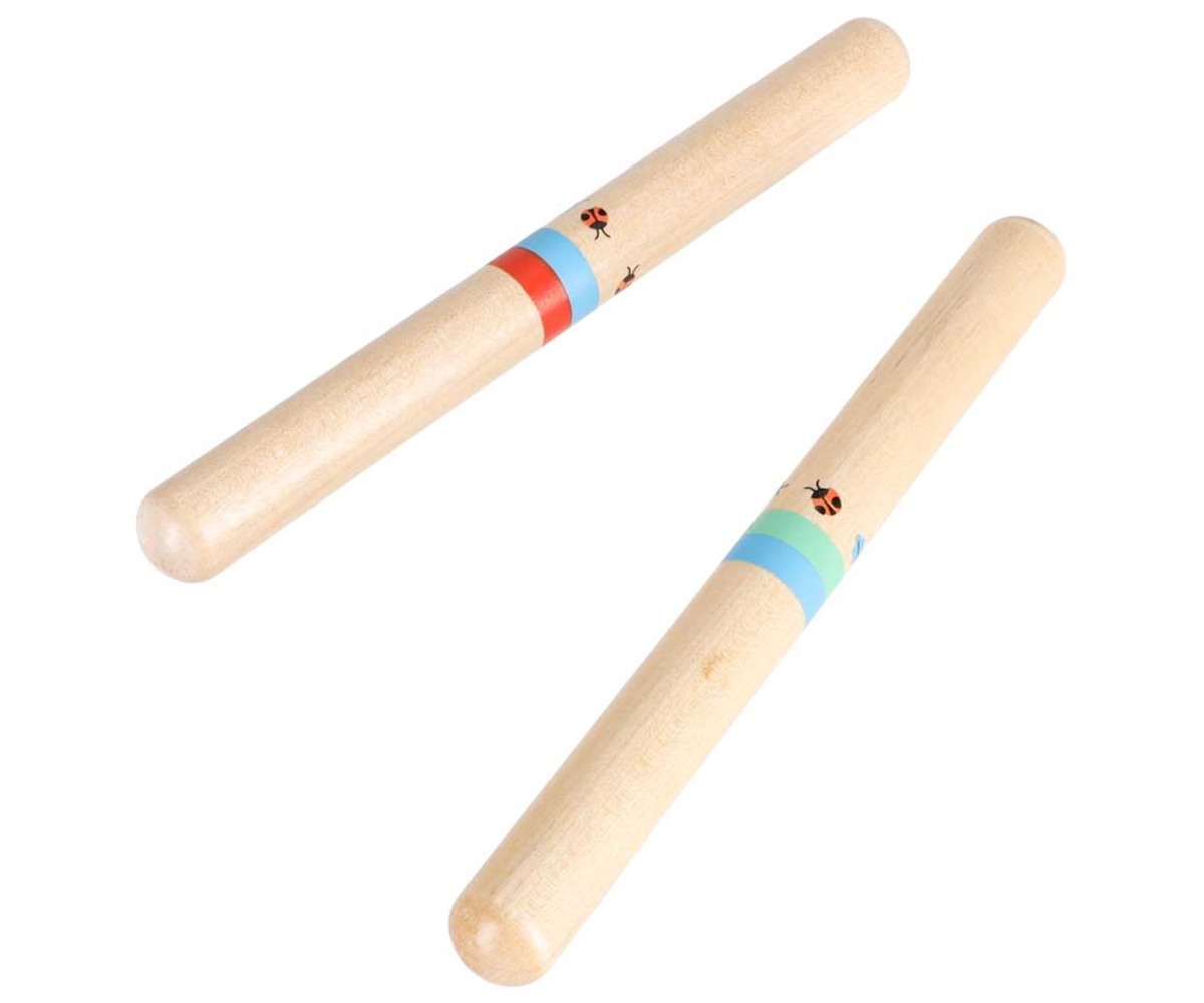 Puidust muusikainstrumentide komplekt lastele, pulgad koos värviliste mustritega.