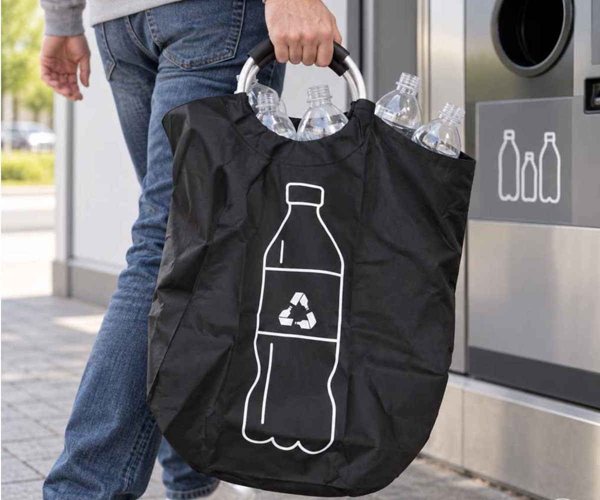 Mees viib pandipudelite kogumiskotti 82L, millel on plastpudelite logo, automaadi juurde.