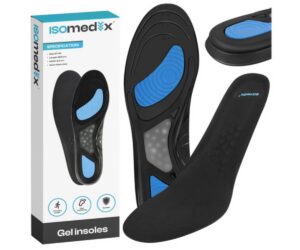 Isomedix geel-sisetallad jalanõudele 42–46 pakendis, kus on näha disain ja konkreetsed mõõtmed.