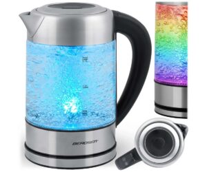Klaasist veekeetja Berdsen BD-714 1,7L 2200W, millel on sinine led valgustus ja kuum vesi.
