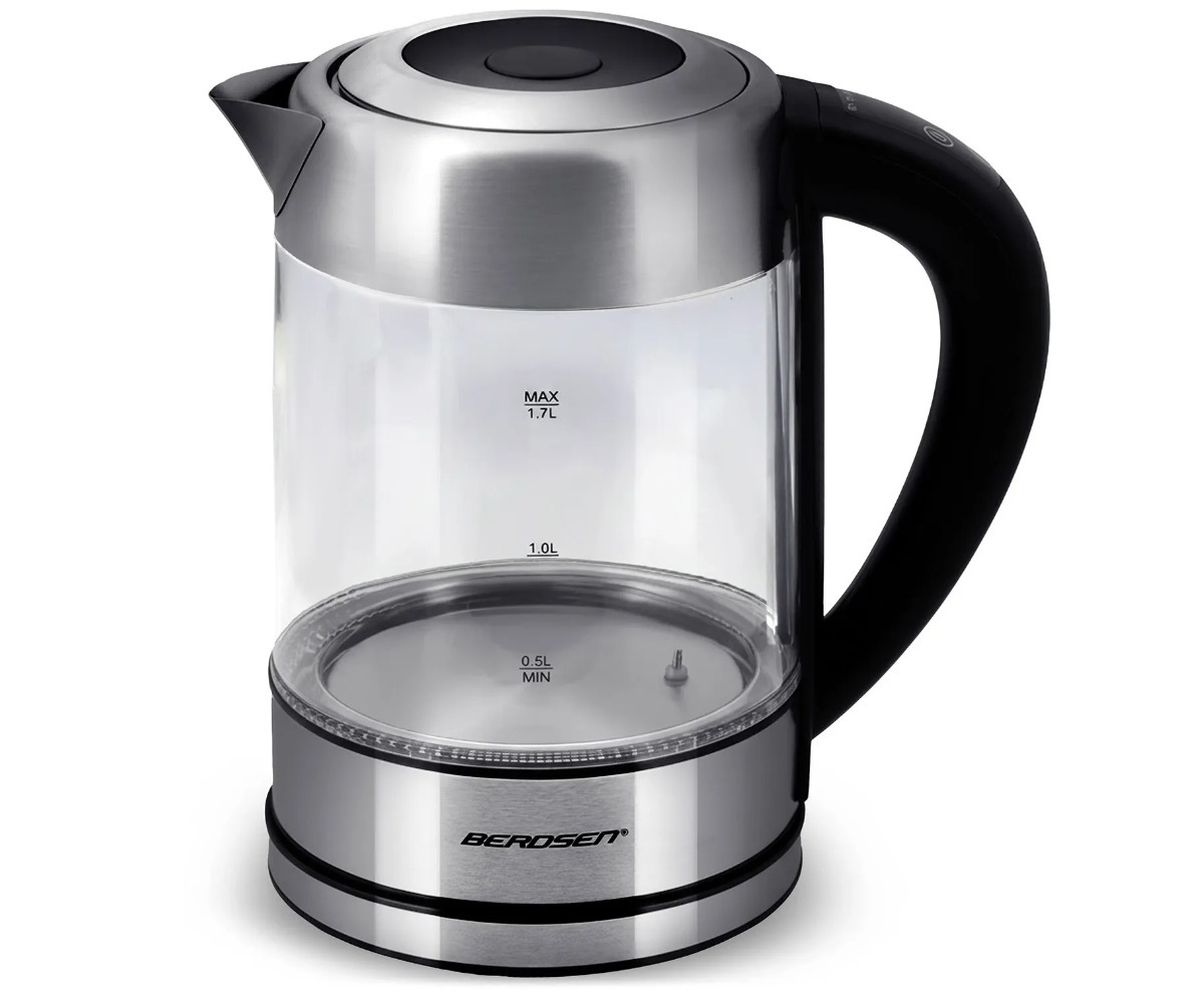 Klaasist veekeetja Berdsen BD-714 1,7L 2200W, elegantne ja läbipaistev disain vesiklaasiga.