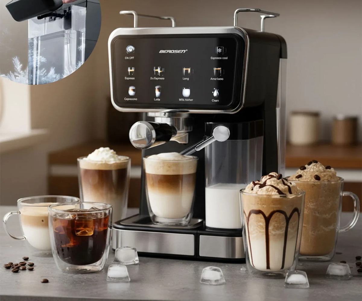 Espressomasin piimavahustajaga Berdsen BD-773, mille kõrval on erinevad kohvijoogid, sealhulgas cappuccino ja latte.