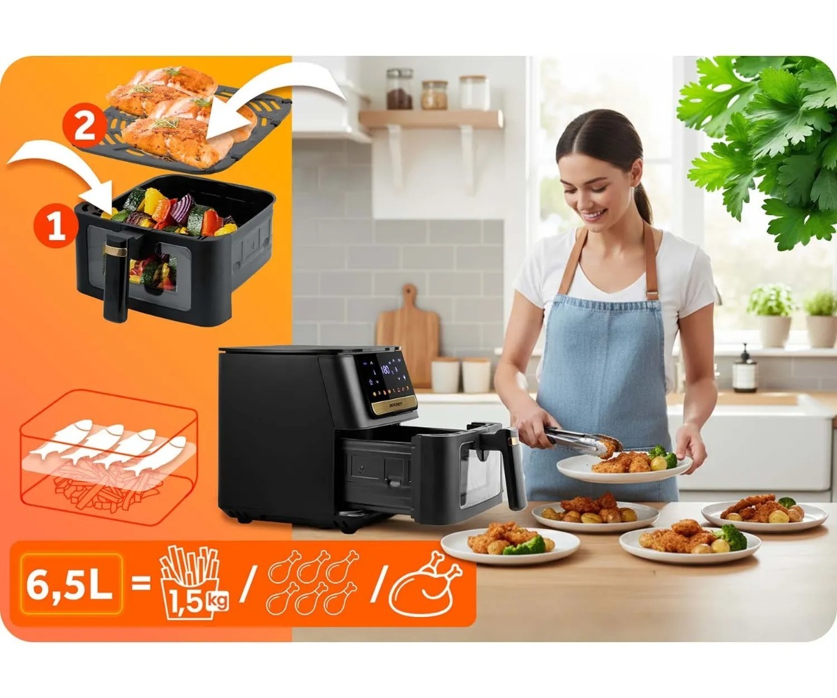 Õhufritüür 6,5L Berdsen BD-655 1700W – must, naine serveerib toitu neljale taldrikule köögis