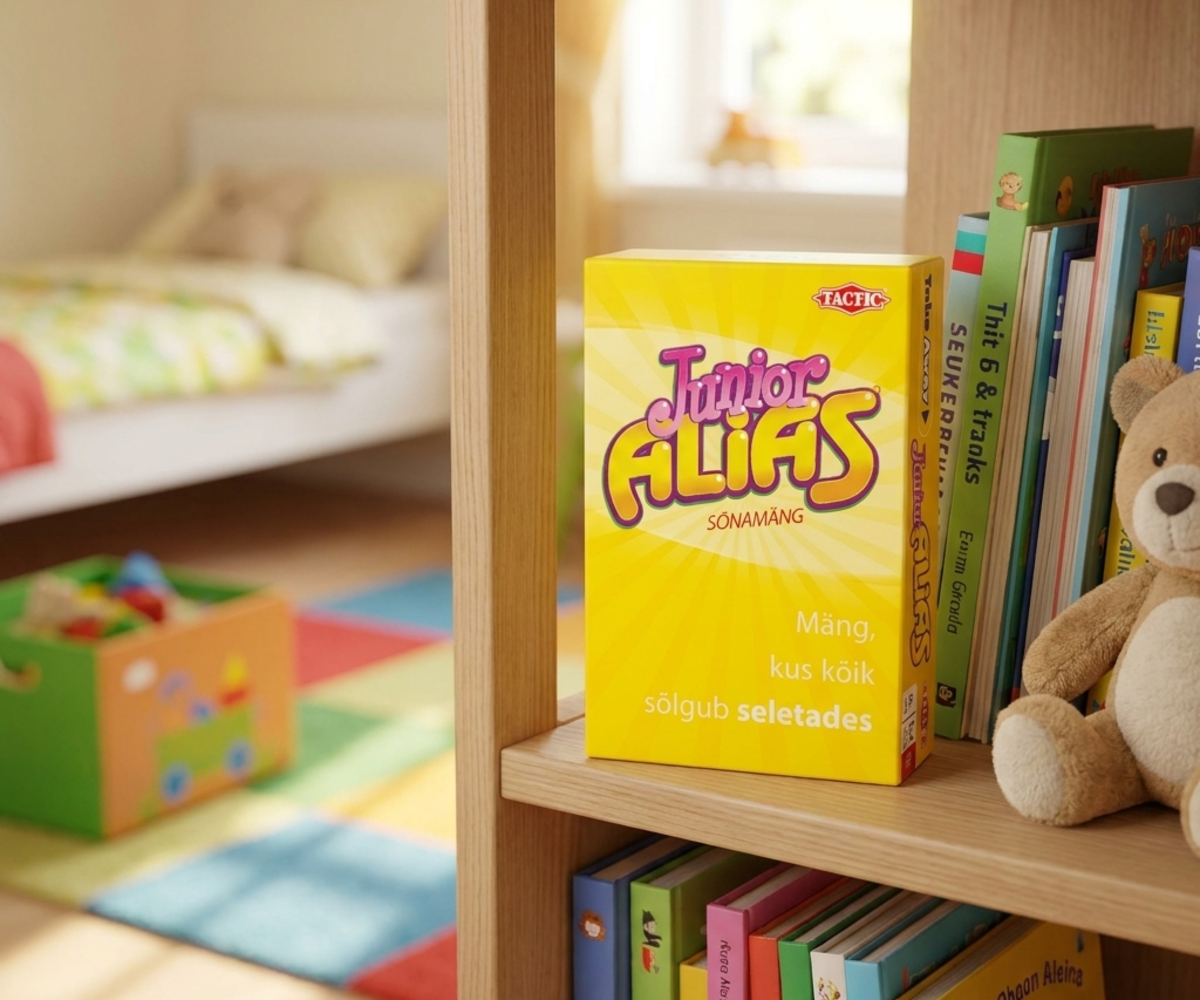 Tactic kaardimäng Junior Alias – reisimäng, seismas raamatute vahel riiulil.