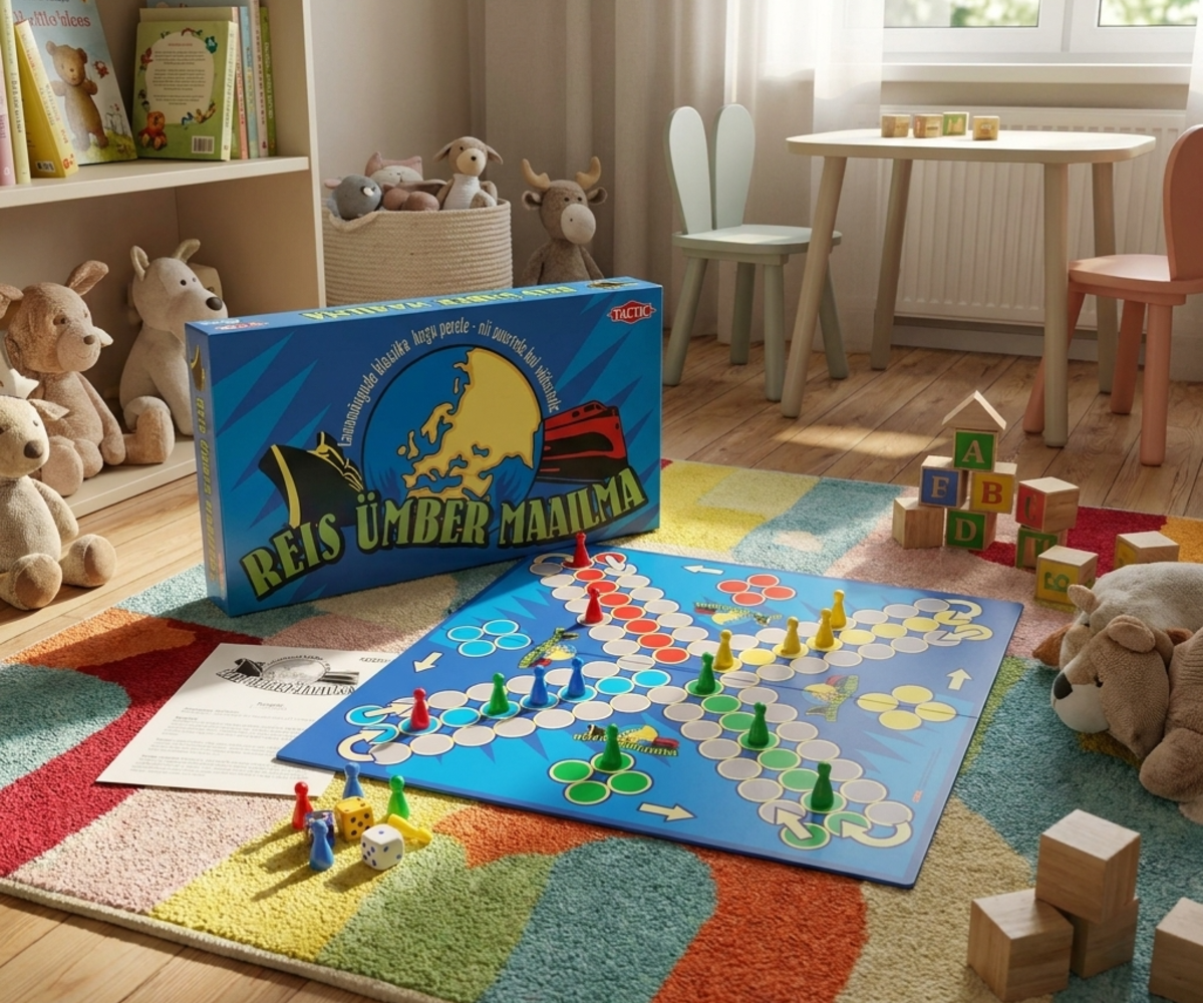 Reis ümber maailma lauamängu ülevaade mängulauast ja mängutagust, ideaalne peremäng.