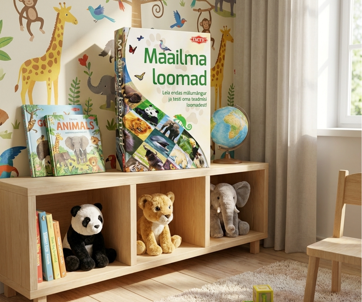 Tactic lauamäng Maailma loomad, kuvatud laste toas koos pehmete mänguasjade ja raamatute vahel.