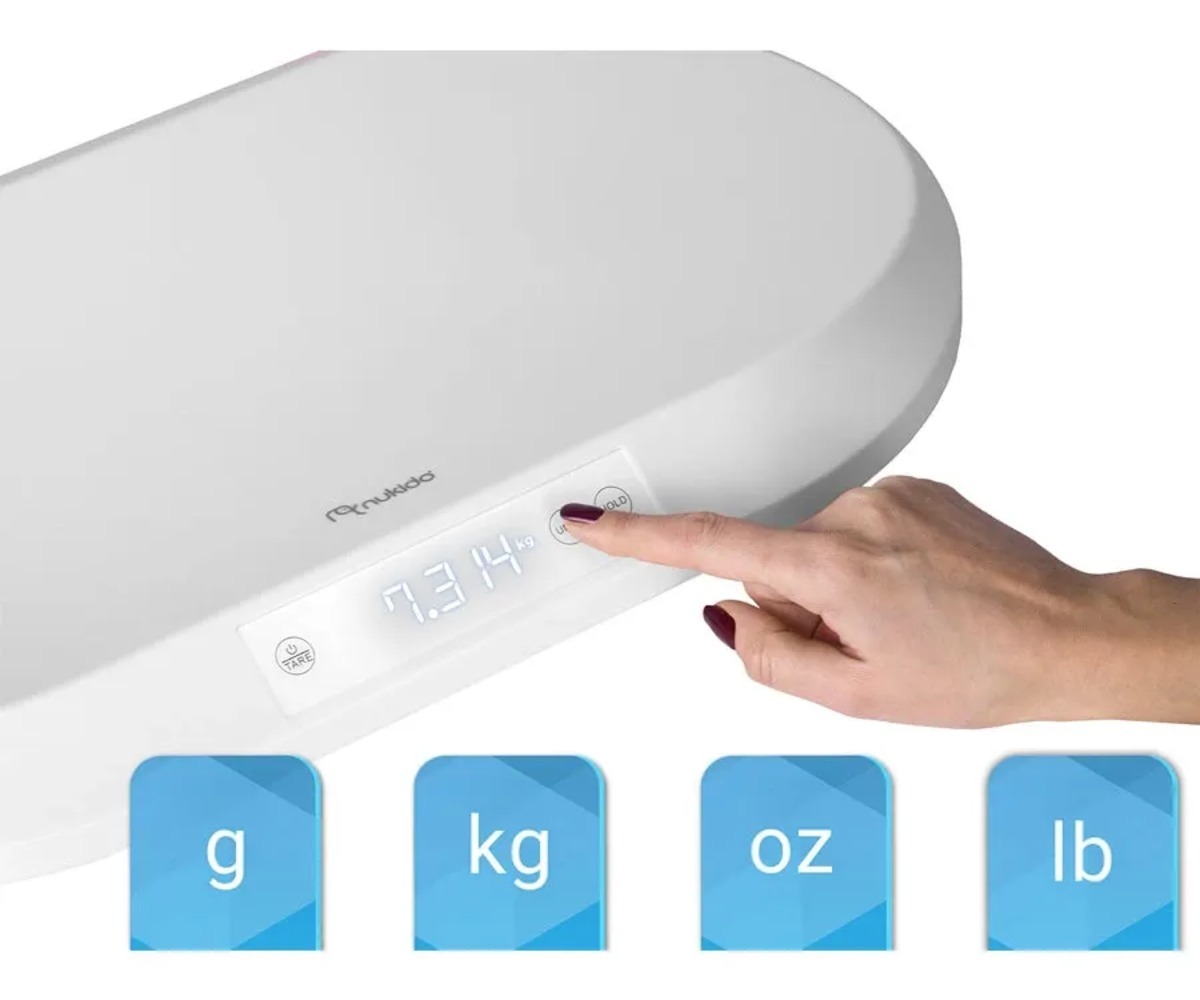 Elektrooniline beebikaal Nukido NK-950 - helehall, näidikute valik erinevates mõõtühikutes g, kg, oz ja lb.