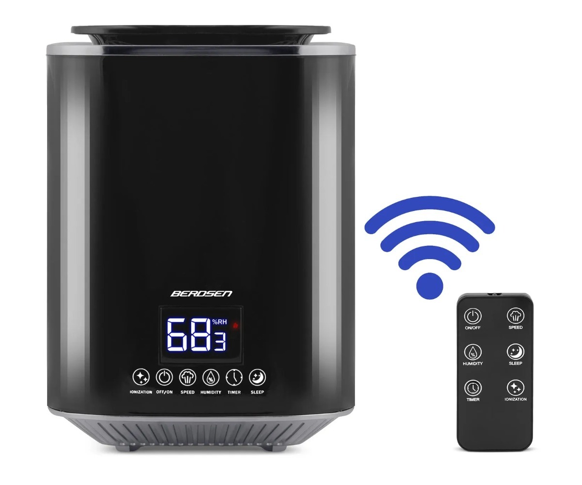 Õhuniisutaja Berdsen BD-502 – must, seadme juhtpuldi ja Wi-Fi sümbol.