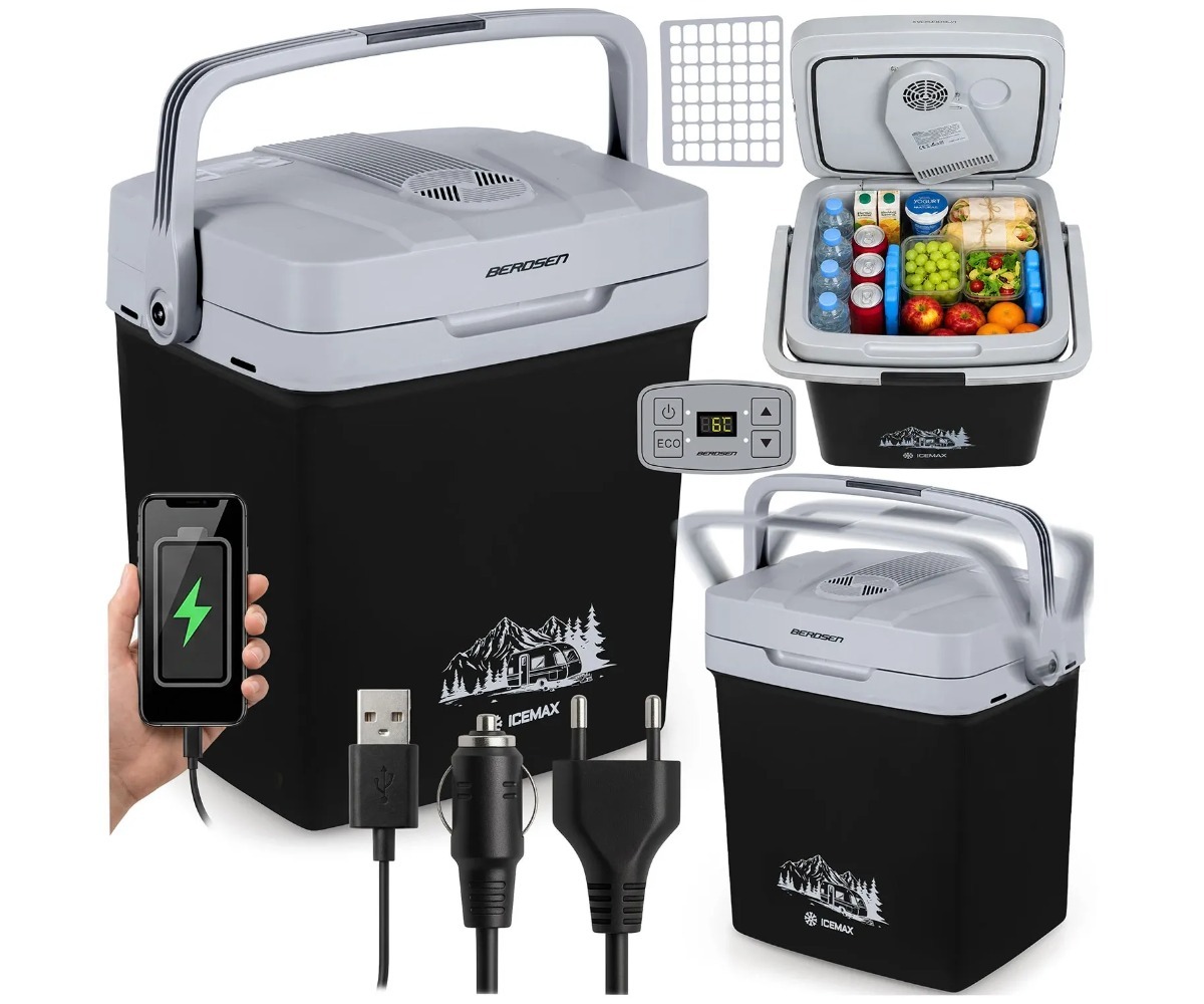 Reisikülmik 26L ECO-režiimiga Berdsen Icemax – must, näidates sisu ja juhtpulti